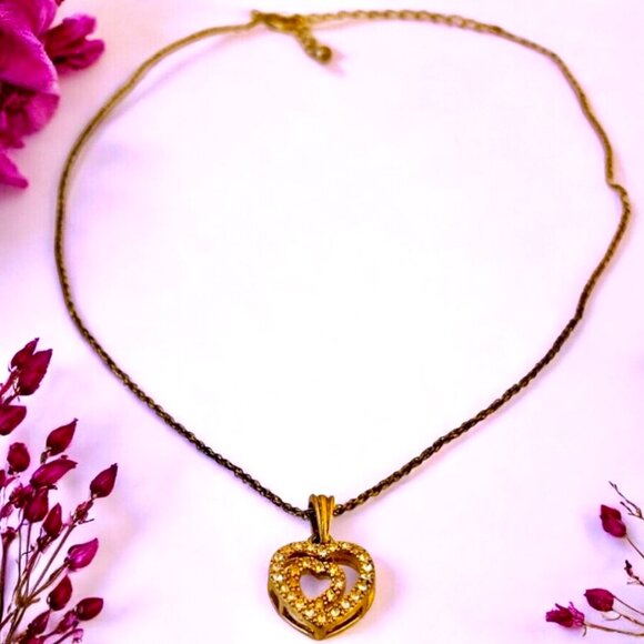 Avon Floating Heart Pendant Rhinestones Necklace Signed NA 16" - Picture 7 of 14